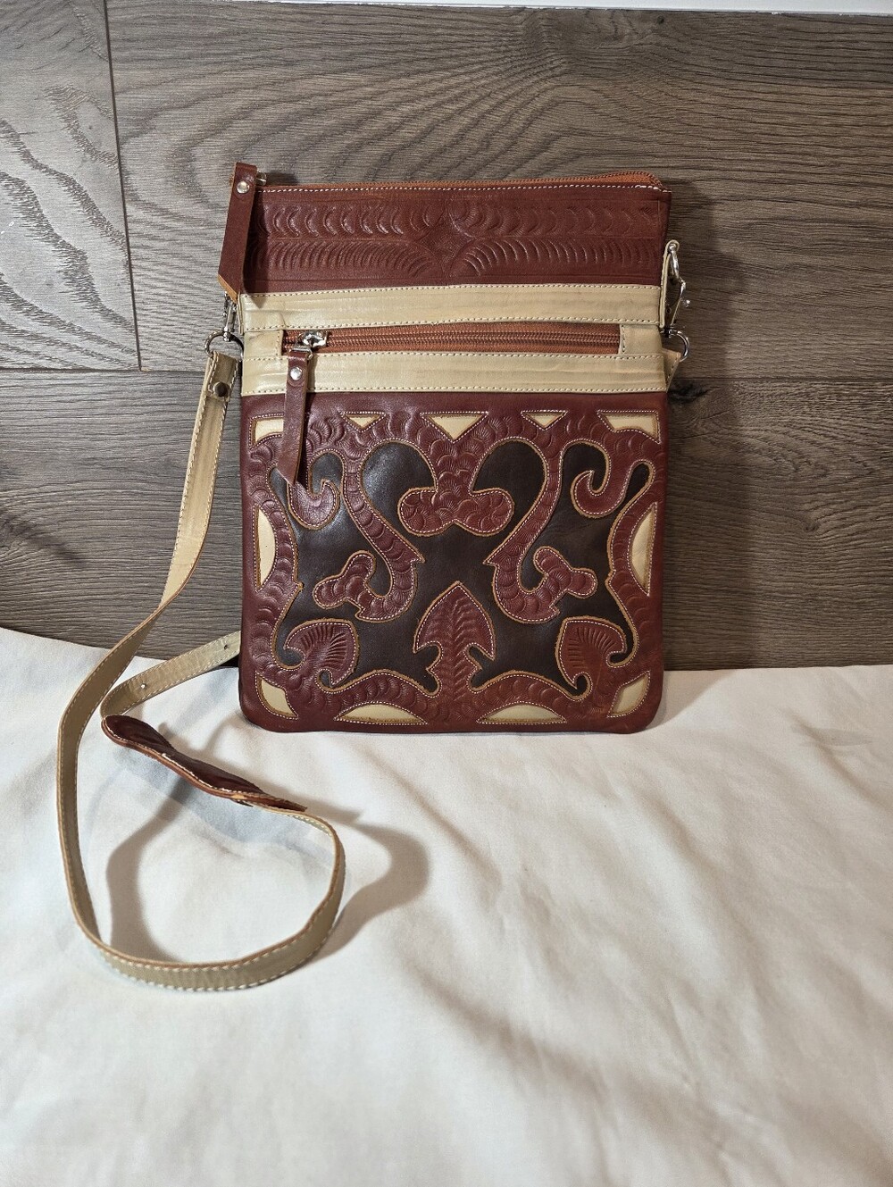 JL Saldivar Tooled Leather Crossbody Bag in Brown & Beige, Boho Western